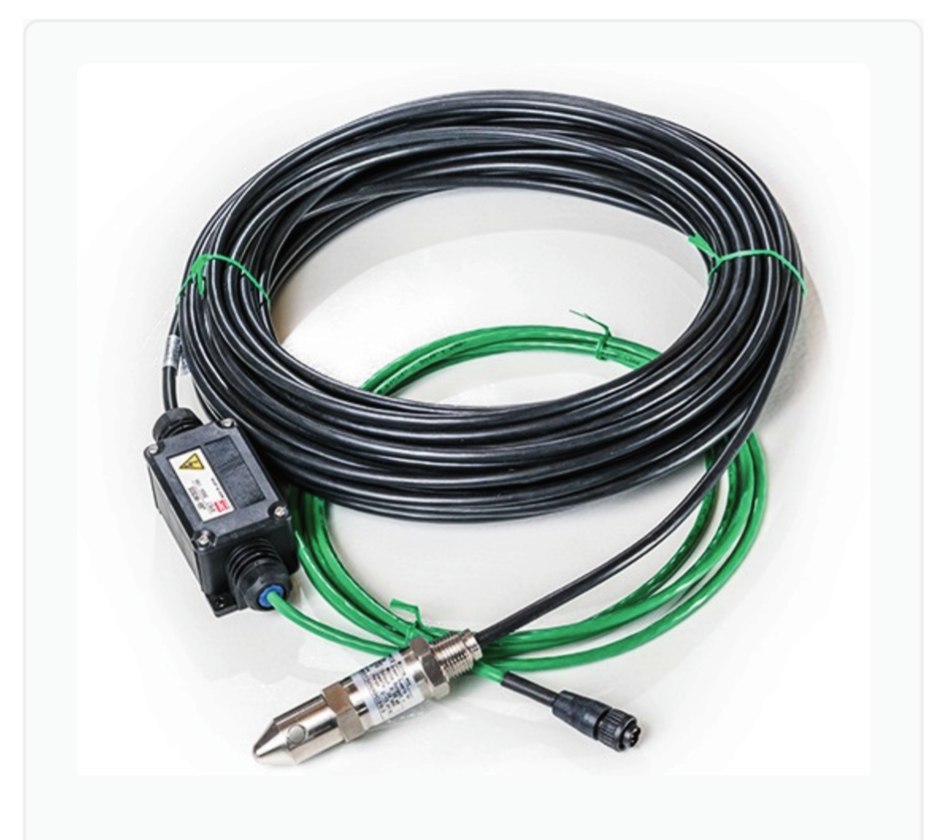 Submersible pressure transducer with coiled cable, used for rainwater cistern level monitoring